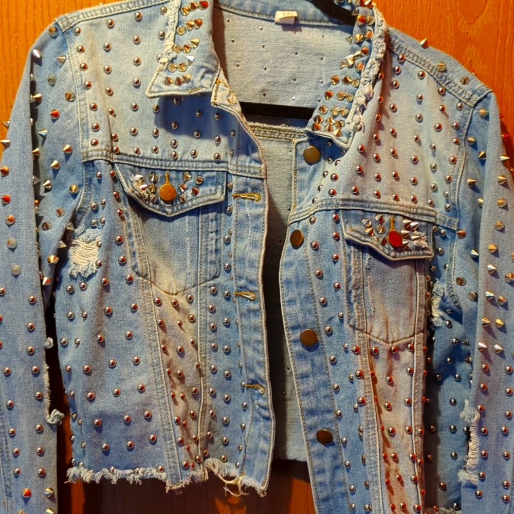 Studded Distressed Denim Cropped Jean Jacket
